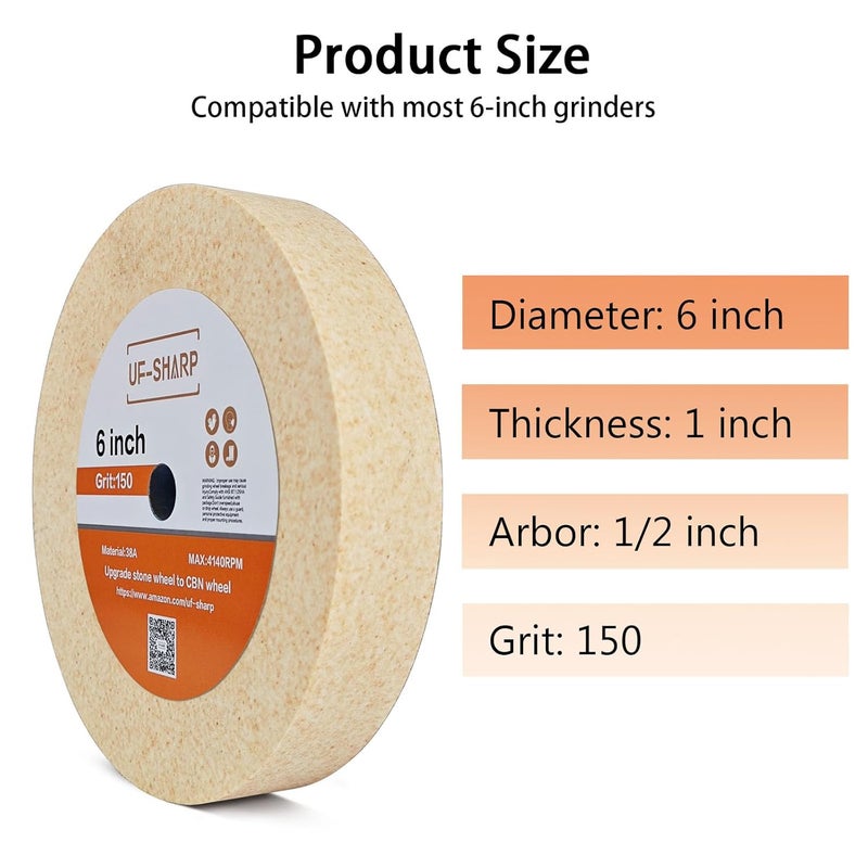 UF-SHARP 6 inch Bench Grinder Wheels, 1" Wide,1/2" Arbor, 150 Grit Aluminum Oxide Grinding Wheel for HSS and Carbon Steel Tools (150 Grit) - Image 2
